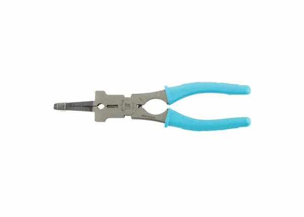 The Harris Welper YS-50 MIG Welding Pliers - WELPER, featuring drop forged steel jaws and blue plastic-coated handles, is displayed horizontally on a white background with the handles to the right and jaws to the left.