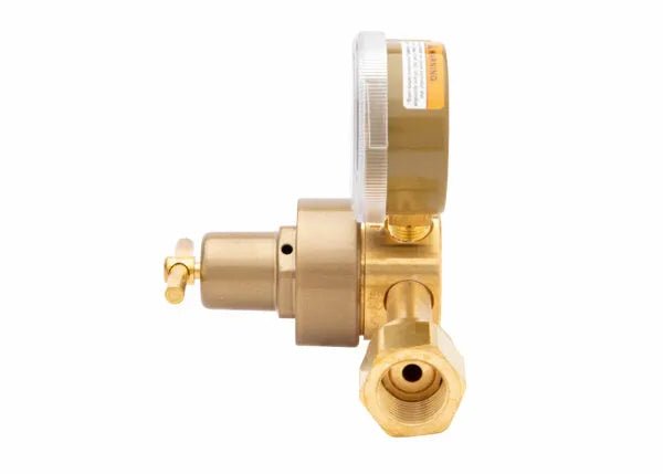 Harris 301-100-580 Single Stage Argon Helium Nitrogen Regulator for welding, brass body, gauges, knob, side view, white background.