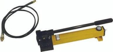 WeldingMart Hydraulic Kit: yellow hand pump with black handle and hose, powers flange spreaders for industrial welding projects.