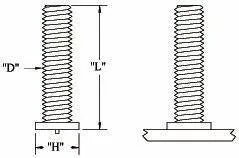 Line drawing of an IWT 1/4-20 X 1 CDFL MILD STEEL threaded bolt with measurements labeled D (diameter), L (length), and H (head height); shown in both side and partial side views—available at Weldingmart, your welding supplies source.
