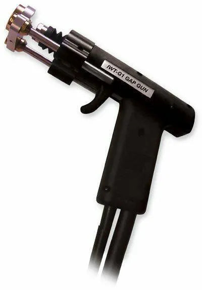 A black handheld tool labeled IMT-G1 Gap Gun with a trigger and two cables extending from the handle. The tool’s metallic sensor ensures precise gap measurement, making it ideal for applications like mechanical welding gun setups.