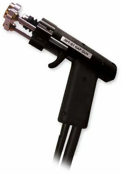 A black handheld tool labeled IMT-G1 Gap Gun with a trigger and two cables extending from the handle. The tool’s metallic sensor ensures precise gap measurement, making it ideal for applications like mechanical welding gun setups.