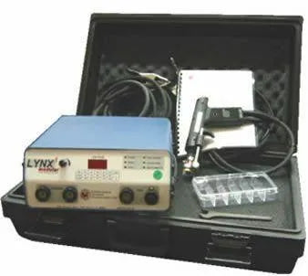 A portable medical device labeled LYNX, featuring a control unit and accessories neatly arranged inside a black carrying case, also functions as a precision welding unit designed for insulation pin welding applications.
