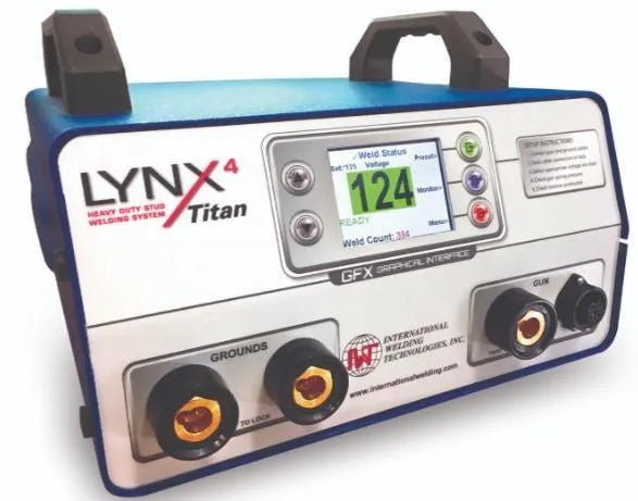 The IWT LYNX4 Titan GFX (3/8” Capacity) Stud Welding System – 1-IWT500054T4GFX features a digital weld stats display, control buttons, dual “GROUNDS” and “GUN” dials, and the International Welding Technologies Inc. logo on the front panel.