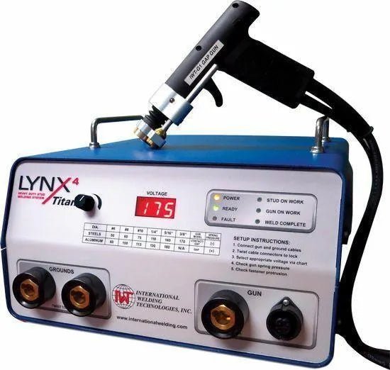 An IWT LYNX4 Titan stud welding system with a digital display reading 17.5, multiple control knobs, ports labeled grounds and gun, and a welding gun attached, manufactured by International Welding Technologies, Inc.