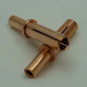 IWT 1/2" Arc Chuck connectors (1-CH500079) with flanges, shown crisscrossed—precision welding accessory at WeldingMart.