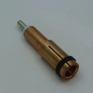A brass-colored metal valve stem with a threaded end, standard chuck compatibility, and a black rubber O-ring, placed on a plain light background.