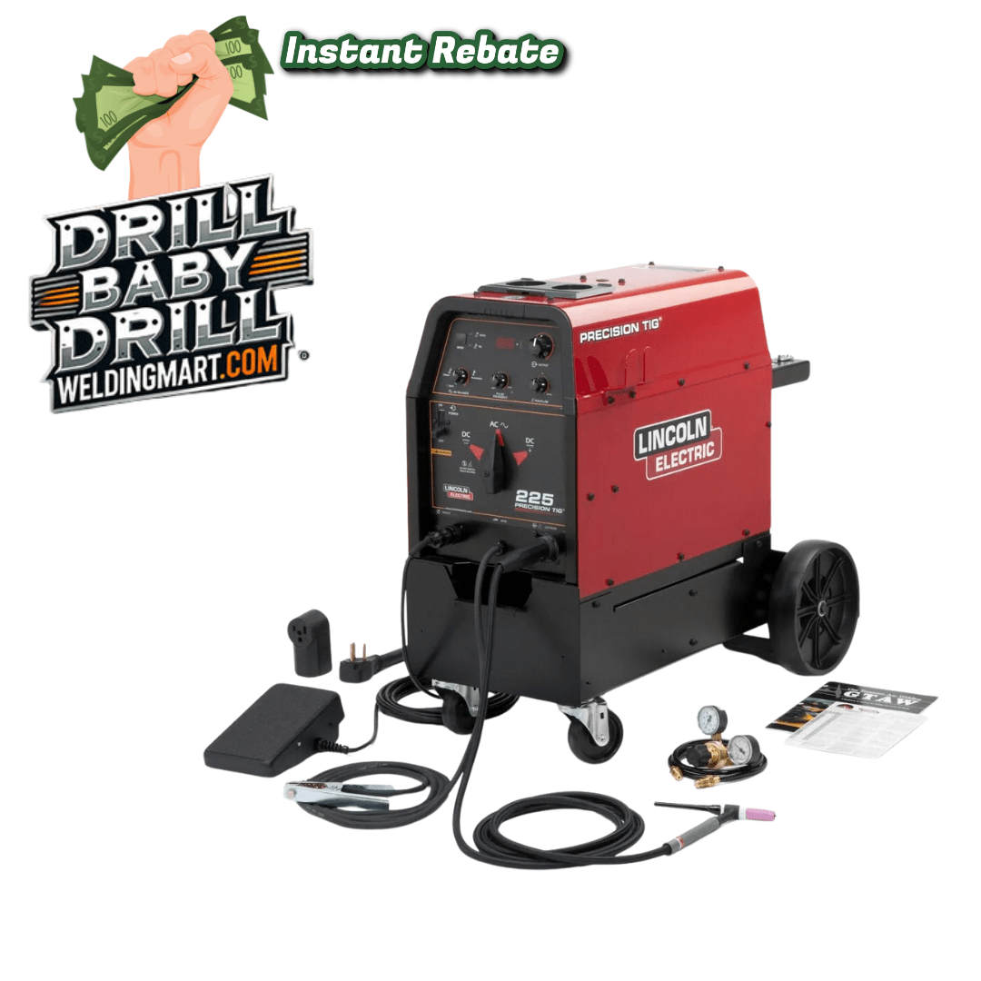 Lincoln Precision TIG 225 Ready-Pak welder with cart, cables, foot pedal, gas regulator & manual from WeldingMart on white background that has an Instant rebate with a hand that has green money in it.