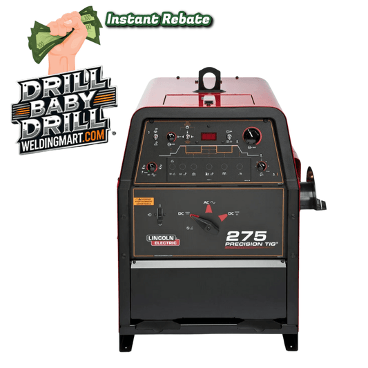 Lincoln Electric welding machine with 'Drill Baby Drill' branding and 'Instant Rebate' offer.