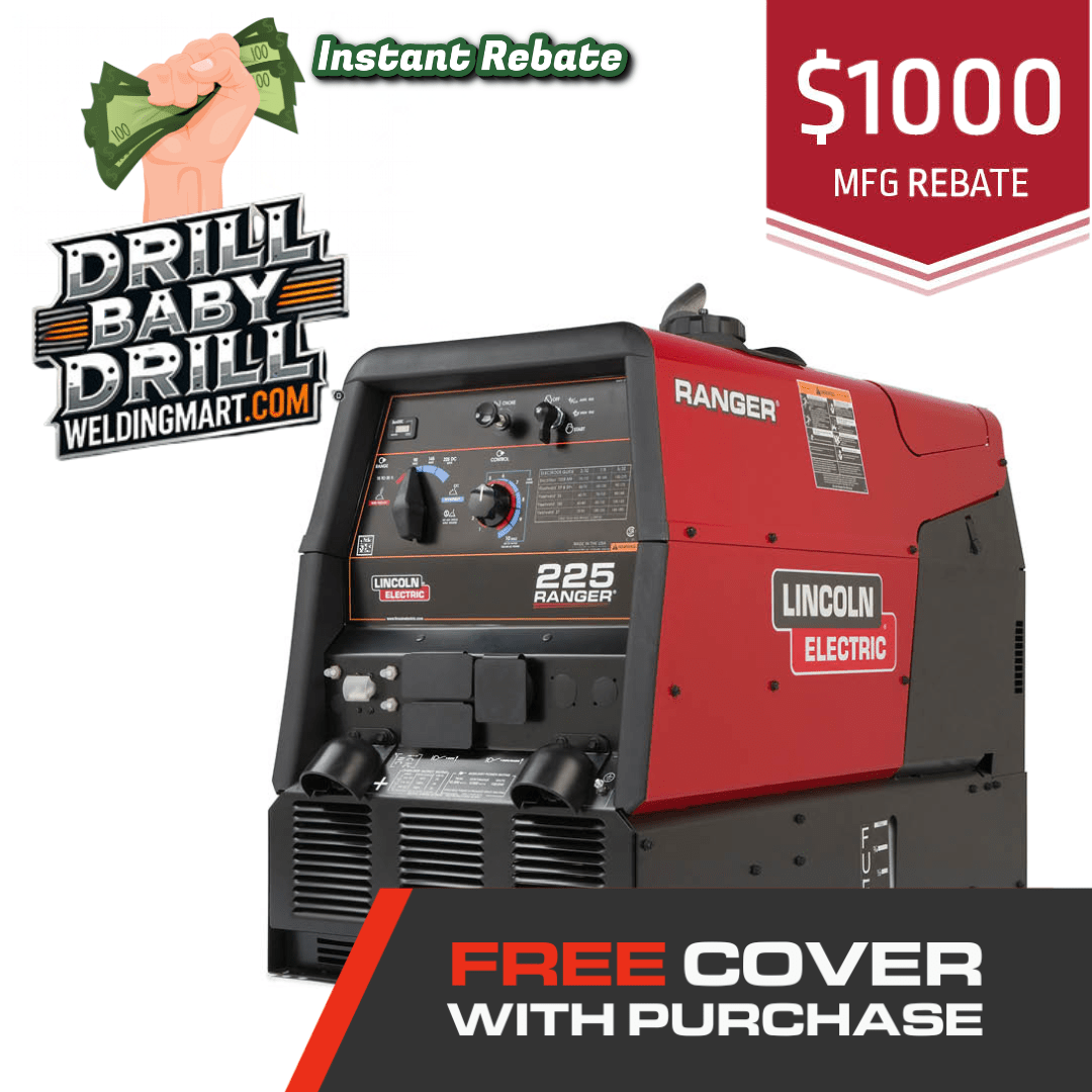 Red Lincoln Electric welder with promotional text about an instant rebate and free cover offer.