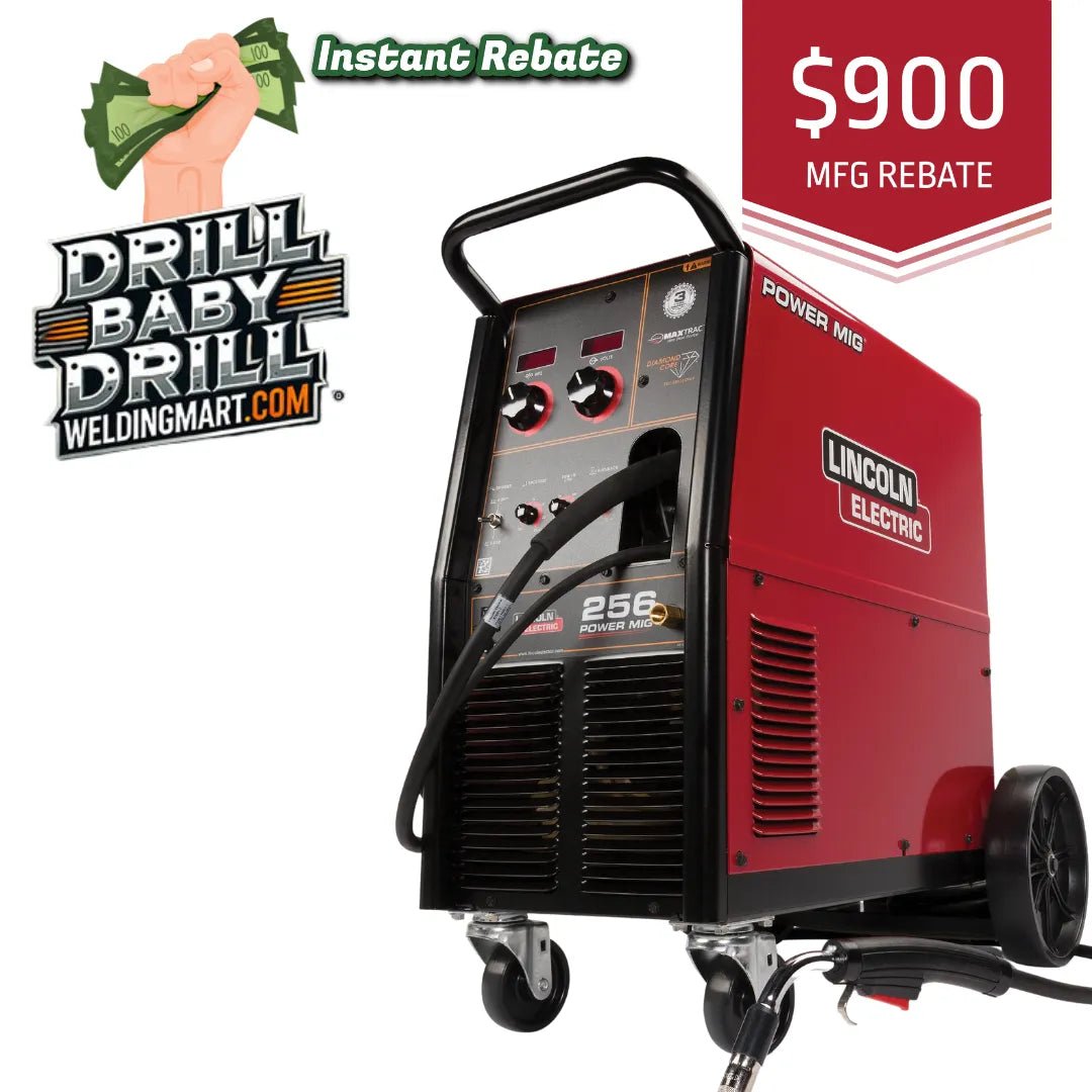 Lincoln Power MIG 256 Welder on wheels, $900 rebate, instant rebate, WeldingMart logo; top MIG welding equipment for pros.