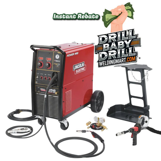 Lincoln Power MIG 256 Welder One-Pak K3069-1 with cables, spool gun, regulator, cart, rebate and WeldingMart promo logos shown.