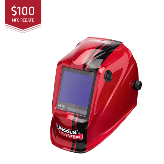 Red Lincoln Electric welding helmet with a rebate offer on a white background