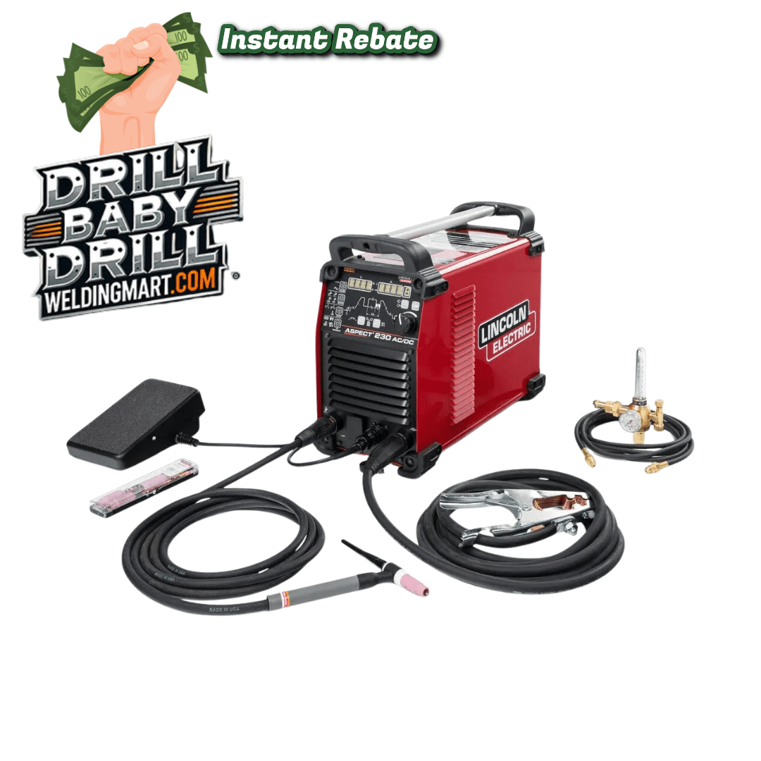 Red Lincoln Aspect 230 AC/DC Air-Cooled Welder One-Pak K4341-1 with cables, foot pedal, clamps & hoses on white, with an instant rebate hand with green money