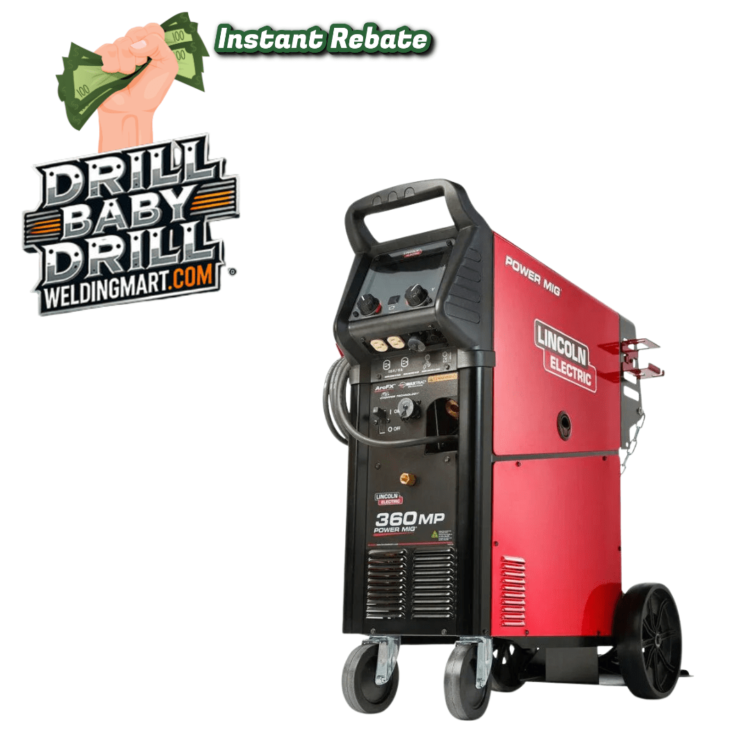 Lincoln Power MIG 360MP Multi-Process Welder K4467-2, red/black, wheeled, with controls and gauges drill baby drill instant rebate machine.