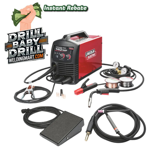 A Lincoln Power MIG 140 MP multi-process welder with various accessories, including cables, clamps, gauges, and a foot pedal. Text reads “Instant Rebate” and “DRILL BABY DRILL WELDINGMART.COM” with cash held in a hand.