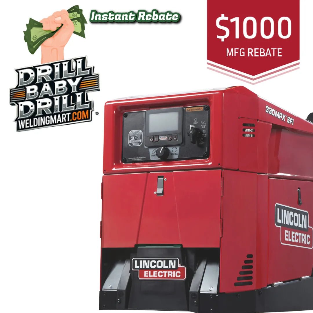 Lincoln Ranger 330MPX EFI Engine Driven Welder Kohler K4779-1, rebate banner, hand with cash—WeldingMart welding equipment deal.