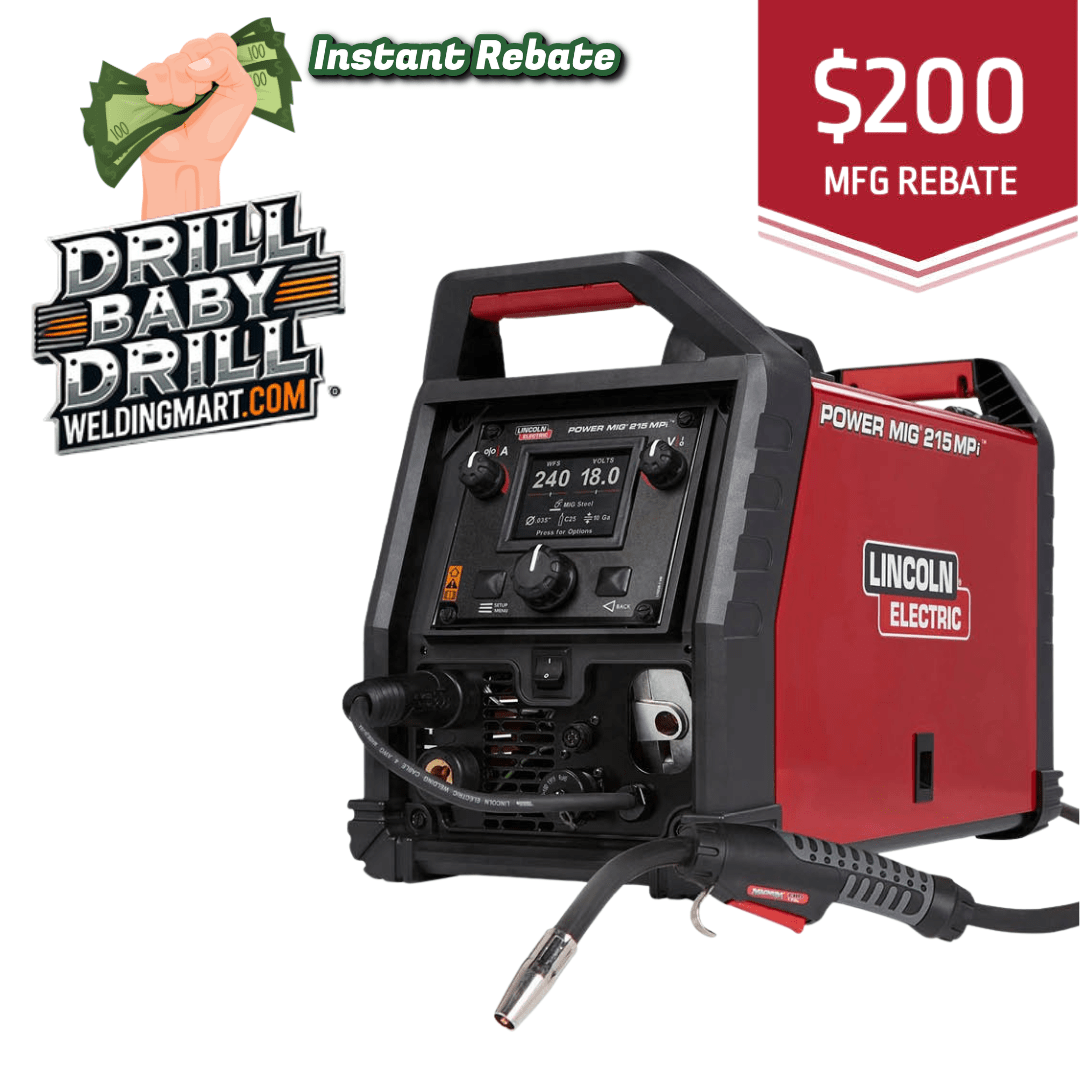 Lincoln Power MIG 215 MPi Multi-Process Welder K4876-1 with welding gun, $200 rebate, weldingmart.com promo graphics.