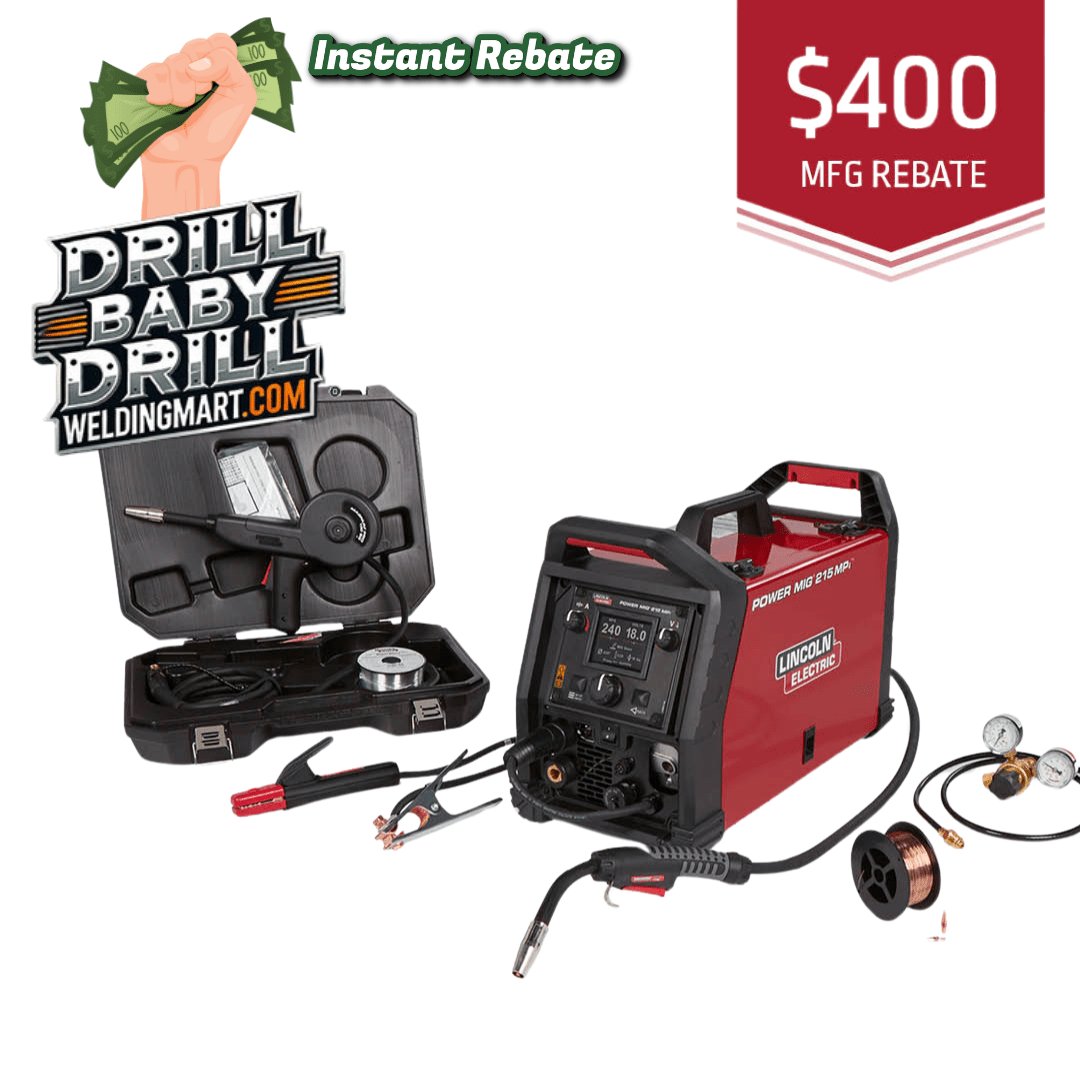 Welding machine with accessories and $400 rebate with promotional text for Drill Baby Drill and WeldingMart.com.