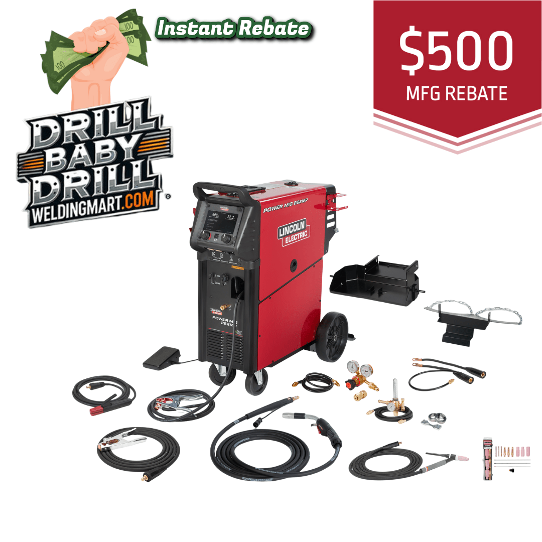 Red welding machine with accessories and $500 rebate offer on a white background