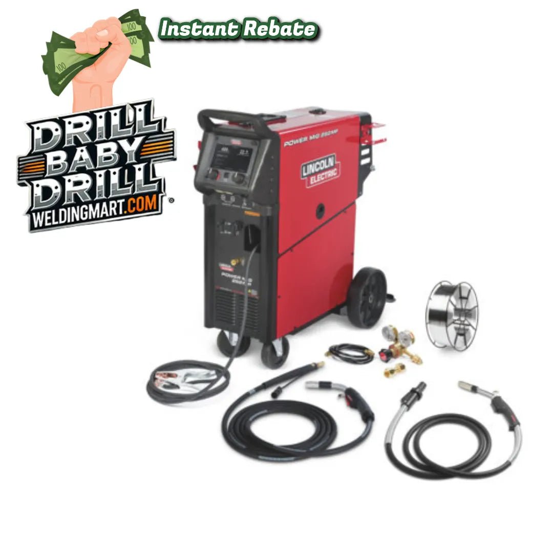 Lincoln Power MIG 262MP Multi-Process Welder with cables, wire reel, welding accessories; Drill Baby Drill rebate graphics shown.