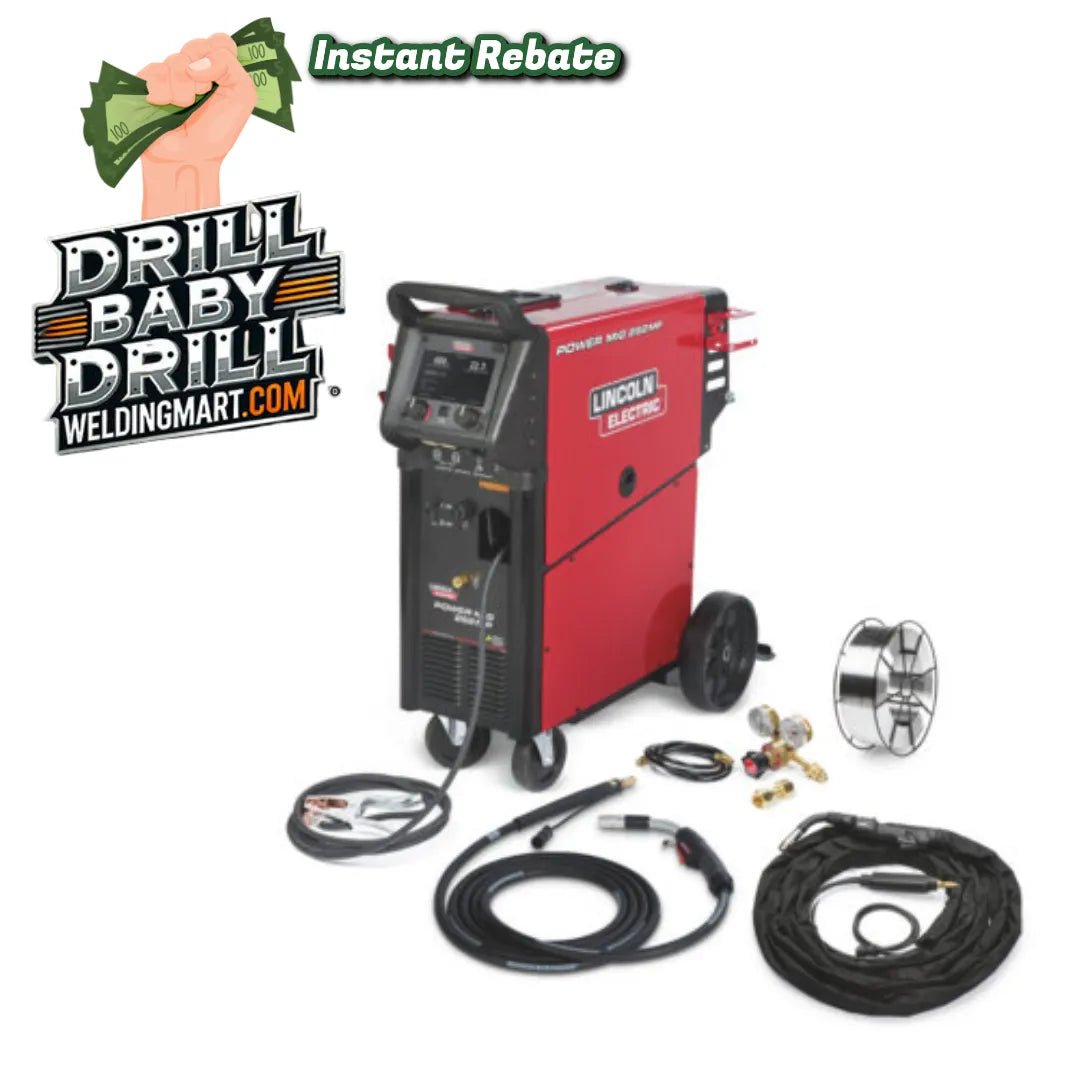 Lincoln Power MIG 262MP Welder with cables, spool, and accessories at WeldingMart.com with Instant Rebate banner for welding tools.