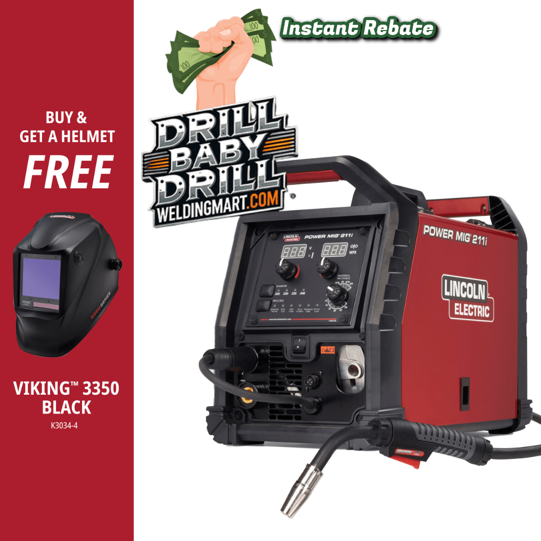Lincoln 211i Power MIG Welder and Viking 3350 Welding Helmet with free offer, WeldingMart rebate promo, welding equipment bundle.