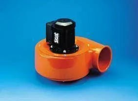 KEMPER Exhaust Fan 115V 1250 CFM 1.5 HP, orange industrial welding blower with black motor and side outlet, for WeldingMart.