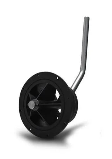 The KEMPER Swivel Joint for Wall Mounted (7900302) features a black, circular impeller with six angled blades and a bent metal handlebar extending from its center flange with bolt holes. Ideal for wall-mount setups. Shown on a white background.