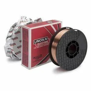 Lincoln 045 10 lb Plastic Spool ED030904 welding wire with red Lincoln Electric box and silver foil bag on white background.