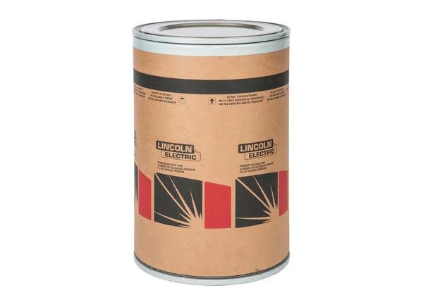 A large cylindrical cardboard container with metal rims holds Lincoln .045 ULTRACORE 71A75 DUAL welding wire (500 lb, 23 in). The label has black text, red/black geometric shapes. For industrial FCAW use. Model: ED032044.