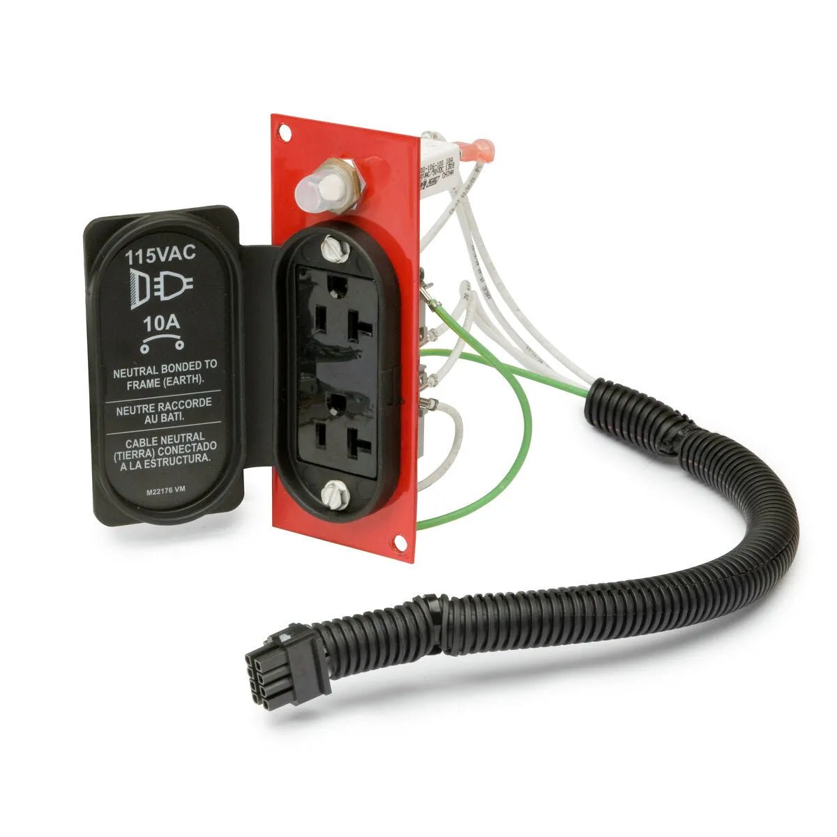Lincoln 115V Auxiliary Kit K2829-1 black duplex receptacle with red plate, wiring label, and exposed conduit for welding equipment.