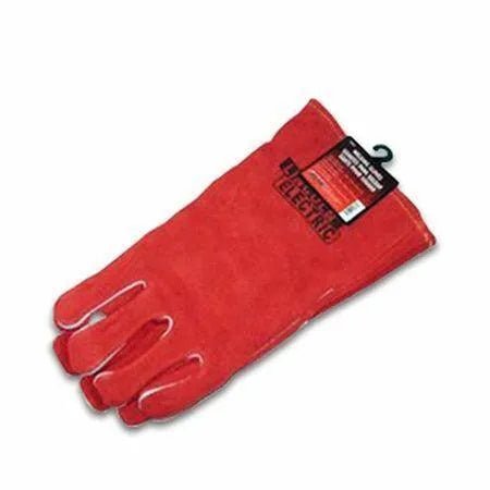 A single Lincoln 12 PREMIUM LEATHER WELDING GLOVE, thick red leather with a black label and small green hook on the cuff, is displayed against a white background. Some text is visible on the heat-resistant glove’s label.