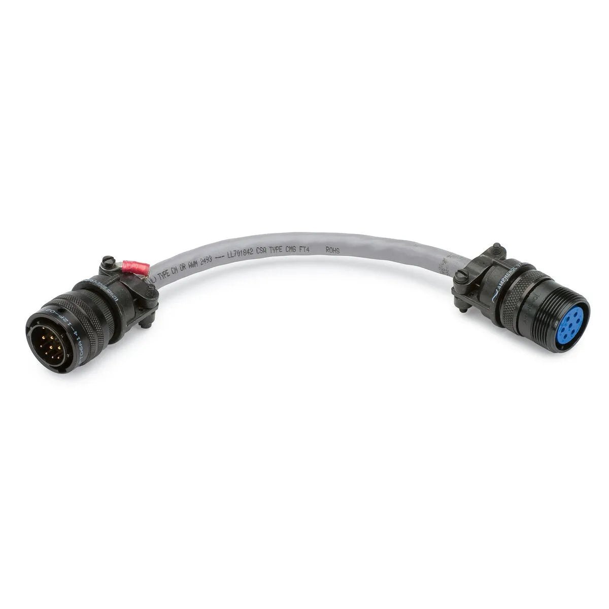 The Lincoln 12M to 7F Adapter K2910-1 is a short gray cable with metal housings, locking mechanisms, and a black round 7-pin male to 12-pin female (blue interior) connector—ideal for Magnum PRO push-pull guns.