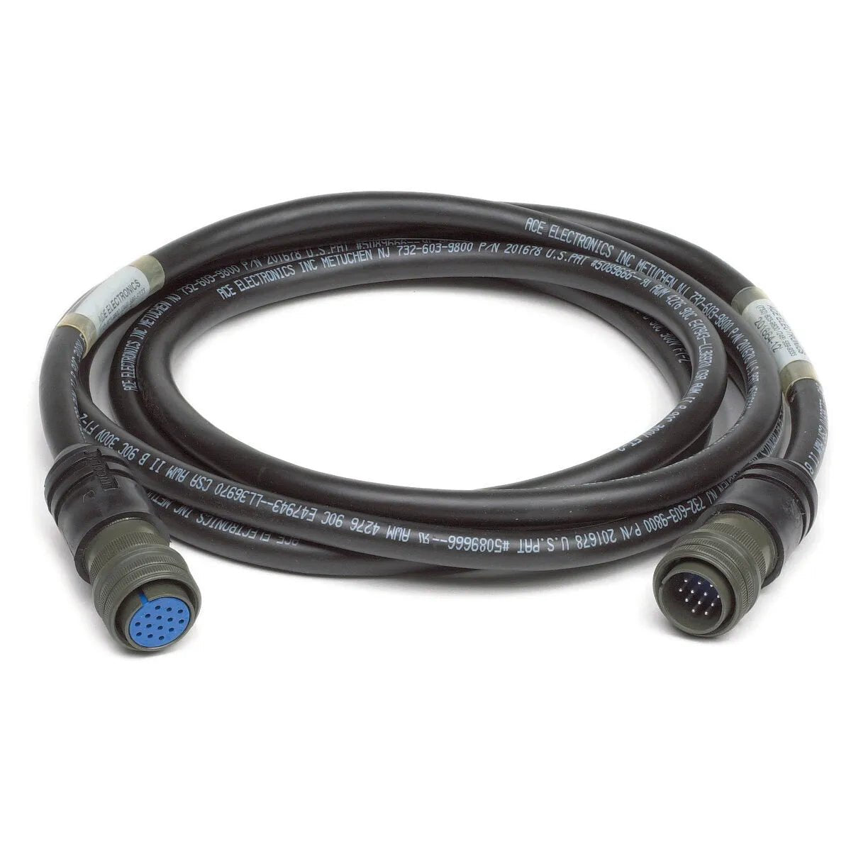 The Lincoln 14-Pin Heavy Duty Control Cable 1.5ft (0.5m) K1785-2 features black coiled sheathing, olive green circular connectors, and white sheath text—ideal for robotic feeders or Power Wave AC/DC 1000SD systems.