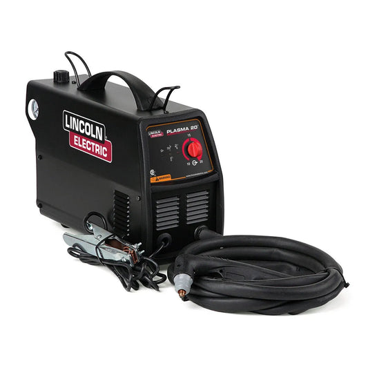 Lincoln 20 Plasma Cutter K2820-1βprofessional black plasma cutting tool with handle, control dial, torch, and ground clamp.