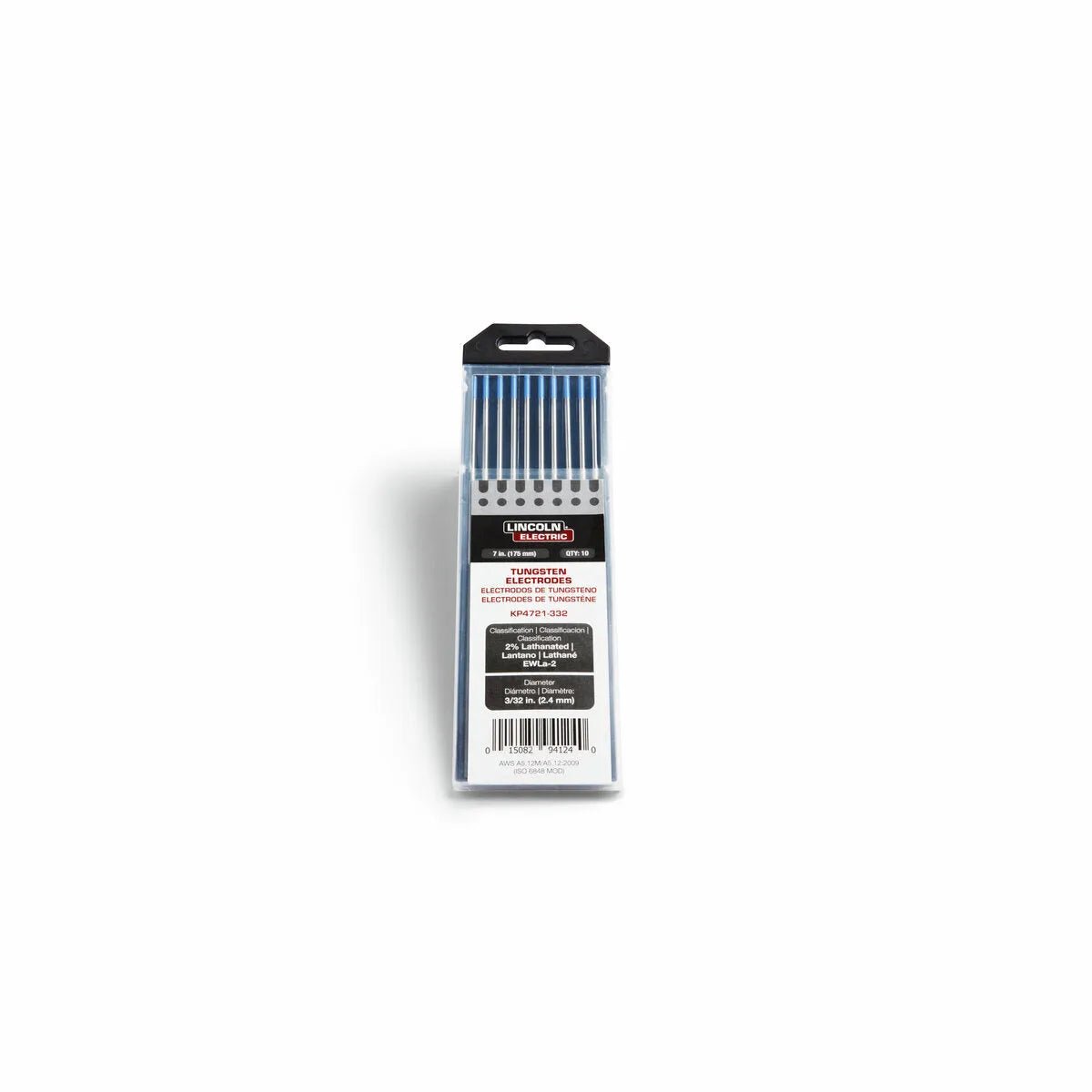 Lincoln 2% Lanthanated Tungsten Electrodes 3/32”x7” KP4721-332 in blue case—welding tools at WeldingMart on white background.