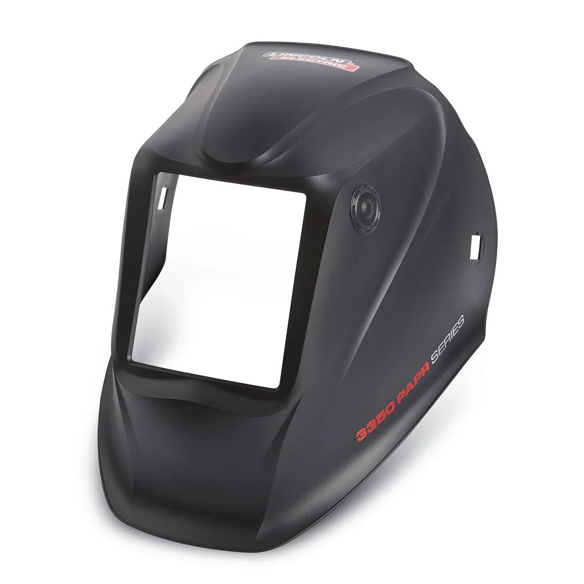 Lincoln 3350 XG PAPR welding helmet shell KP4704-1, black, large viewing window, 3360 PAPR Series text, durable design.