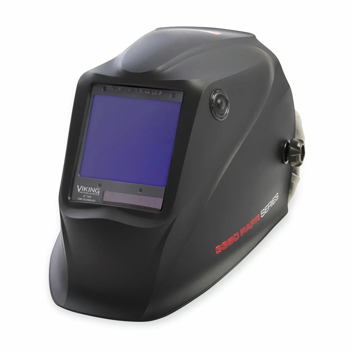 Lincoln 3350 XG PAPR Welding Helmet KP4638-1, black, auto-darkening lens, Viking & 3350 PAPR Series red side labels.