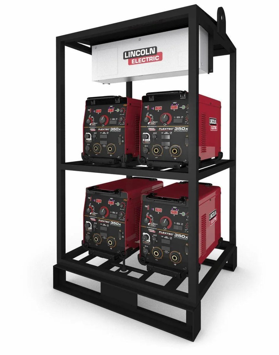 The Lincoln 4-PACK RACK FLEXTEC 350X (STANDARD MODEL) K4280-1 features a black metal rack holding four red and black welding machines, with a white Lincoln Electric sign on top and forward-facing control panels for easy access.