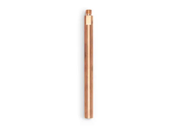 A polished Lincoln 9 Inch Nozzle Extension, Standard - KP2721-9, features a cylindrical copper body with a hexagonal section near the top and a threaded tip, isolated against a white background. Ideal for use with submerged arc or K231 torches.