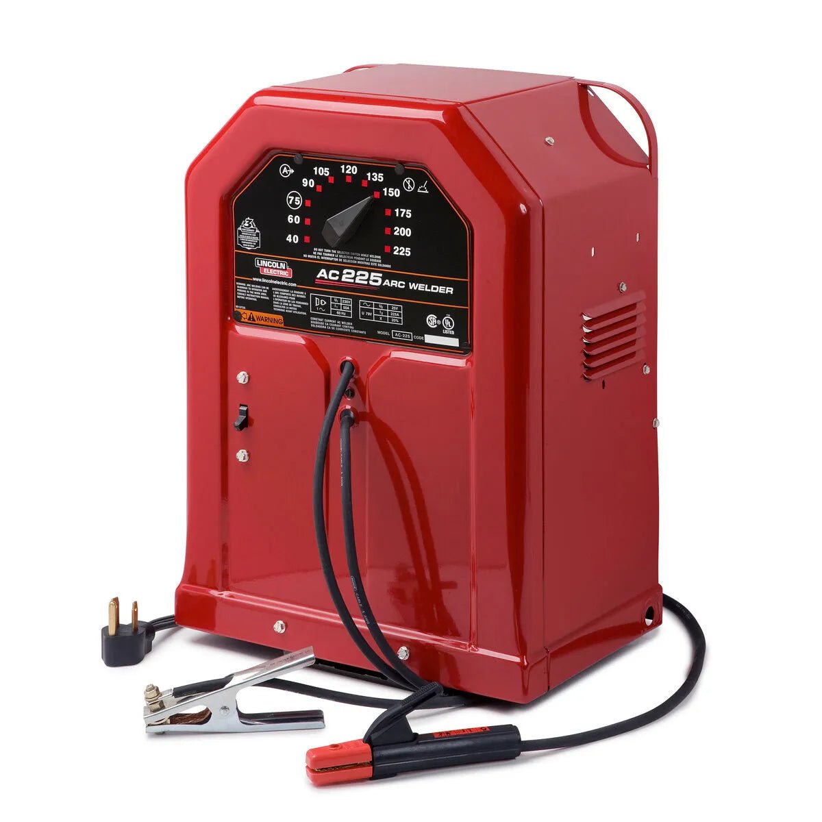 Lincoln AC225 Stick Welder K1170 in red with cables, clamp, black control panel, and gauge—top WeldingMart welding equipment.