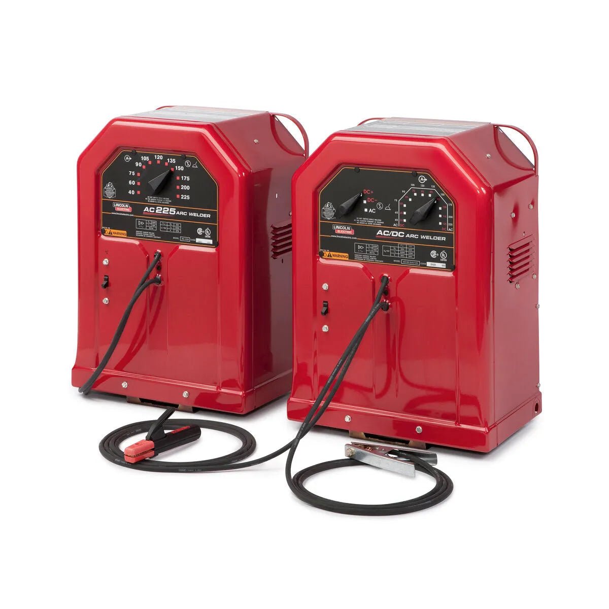 Lincoln AC225 Stick Welder K1170 and red arc welders with cables, top welding equipment for pros, side by side on white background.