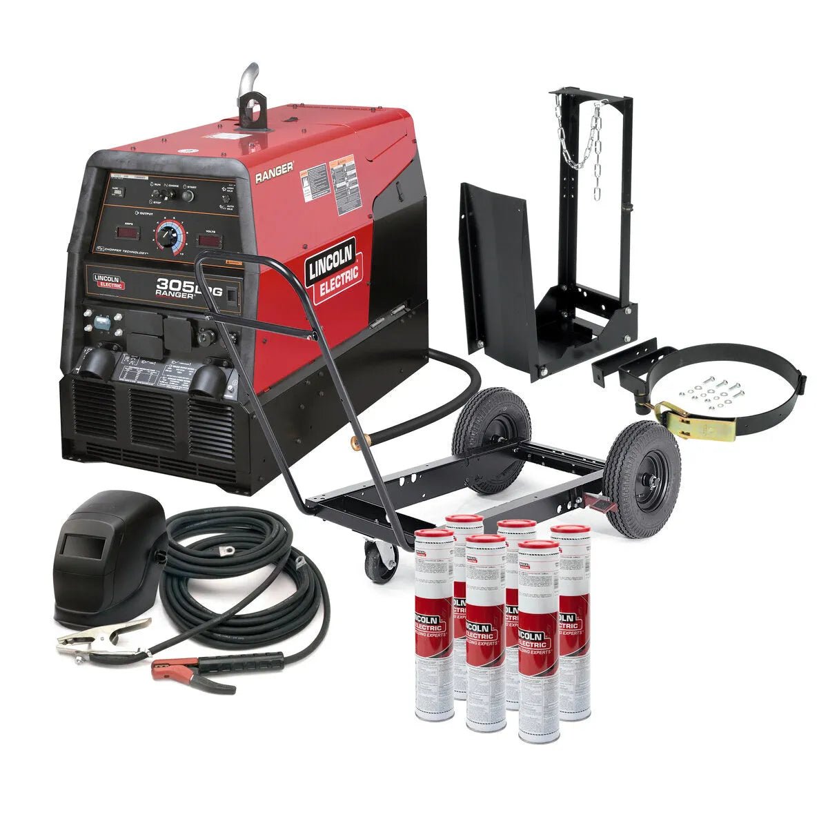 The Lincoln Accessory Kit 400 Amp K704 includes a red and black welding machine on a wheeled cart, cables, welding mask, stick welding rods, accessory parts, control dials, and a labeled front panel.