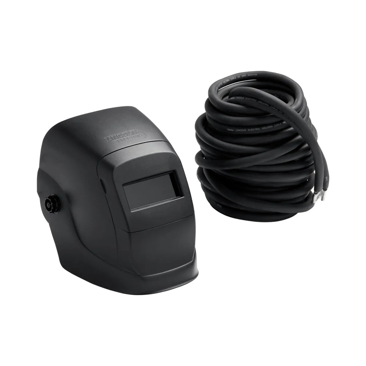 The Lincoln Accessory Kit 400 Amp K704, featuring a black welding helmet with a small rectangular window and a coiled black cable, is displayed together on a seamless white background.