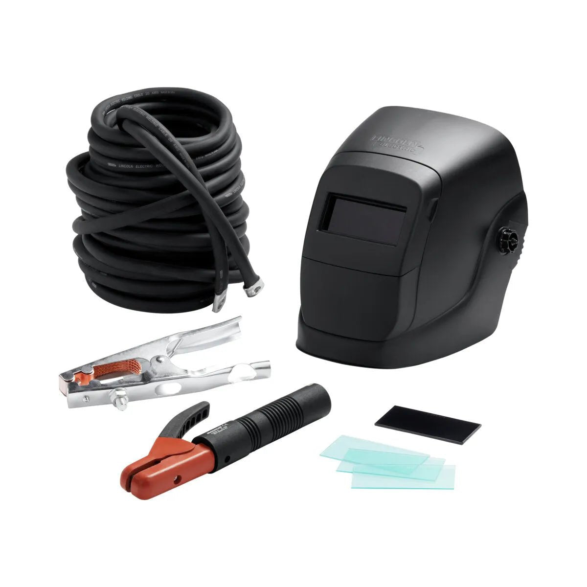 The Lincoln Accessory Kit 400 Amp K704 includes a black welding helmet, coiled black cable, 400 Amp electrode holder with orange handle, metal clamp, and both dark and clear lens plates—all displayed on a white background.