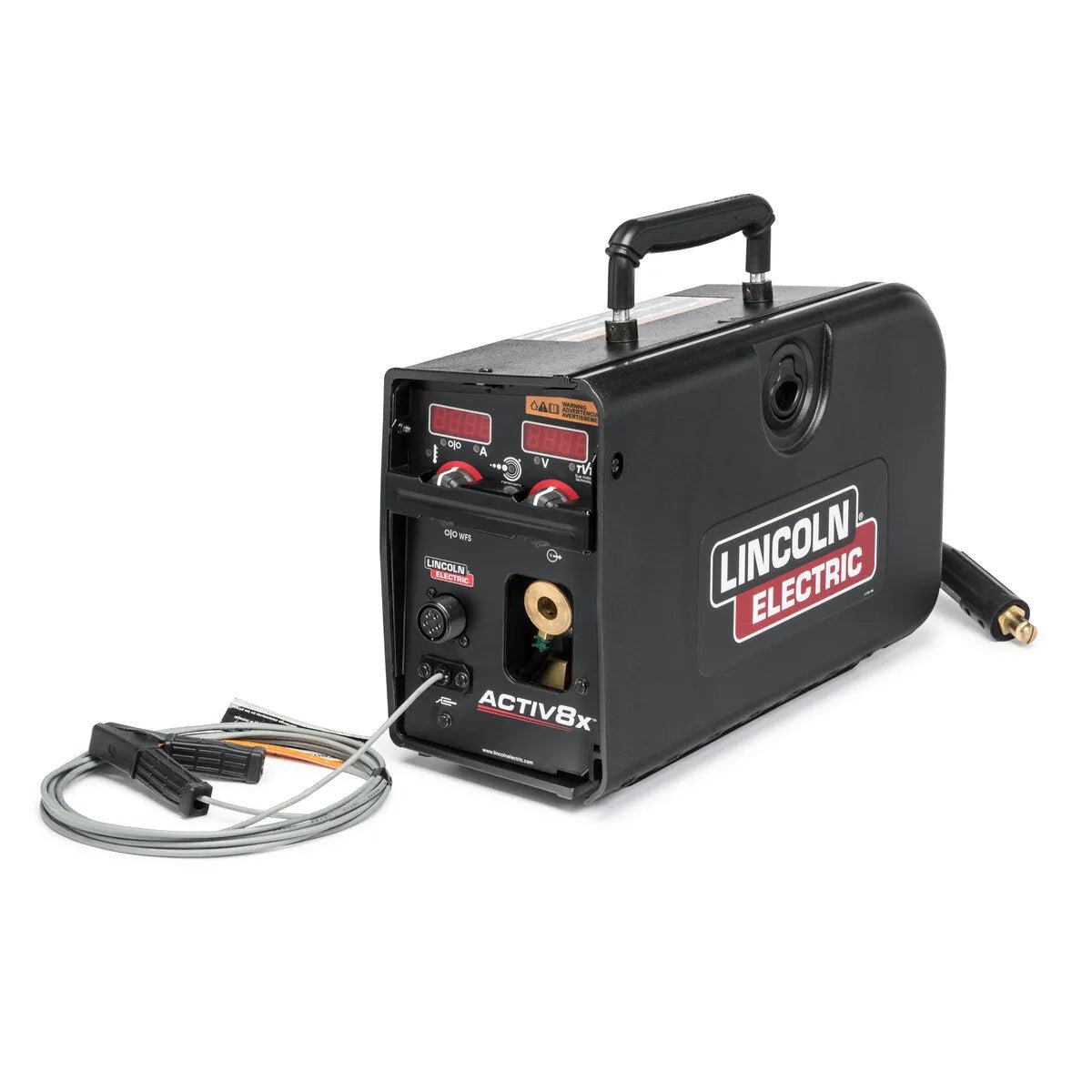 Lincoln Activ8X CE K3519-2 portable wire feeder with CrossLinc Technology, top handle, cables, front knobs, and displays.