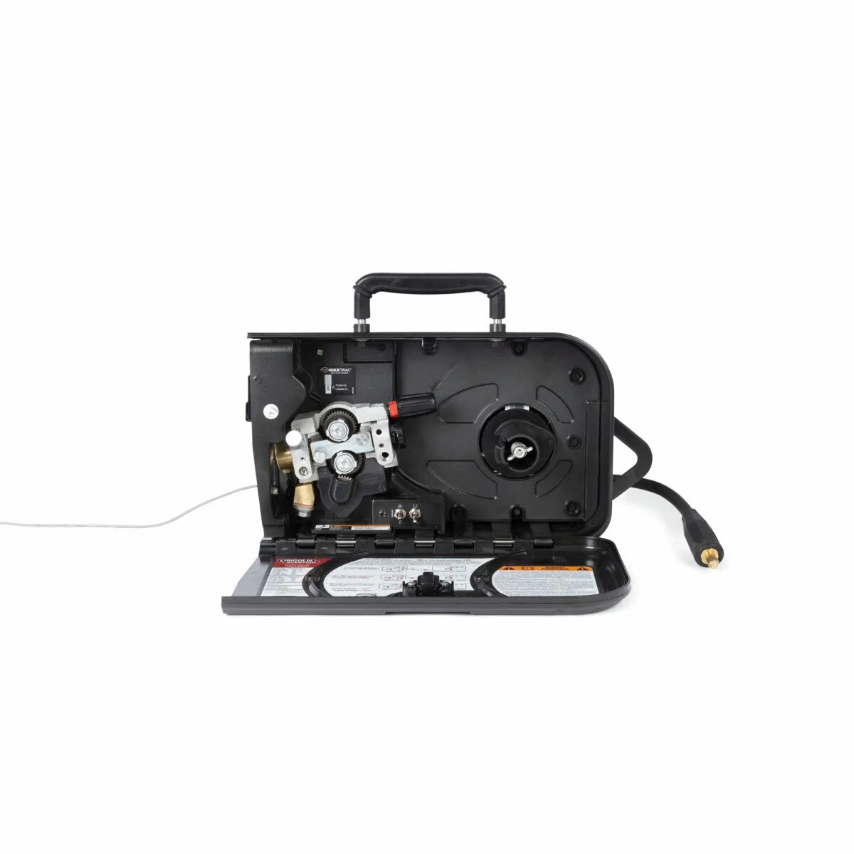Lincoln Activ8X CE K3519-2 portable wire feeder with open panel, handle, and welding cable for easy, on-site welding jobs.