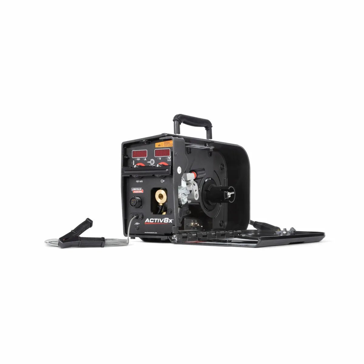 Lincoln Activ8X CE K3519-2 portable welding machine with CrossLinc, control panels, cables, and exposed internal components.