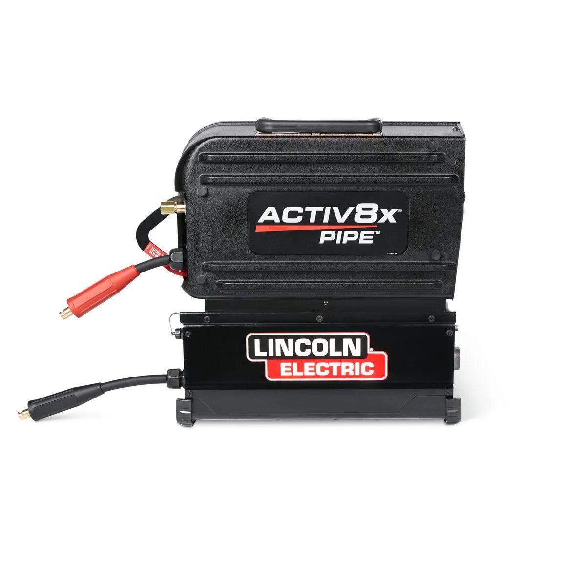 The Lincoln Activ8X Pipe CE (Twist Mate / Dinse) K5240-1 is a black, rectangular wire feeder welding machine with a top handle, red and black cables on the left, and bold ACTIV8X PIPE and LINCOLN ELECTRIC branding on the casing.